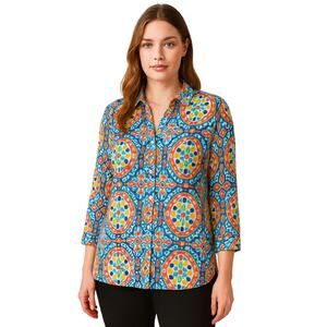 Jones New York Sport Woman Linen V-Neck  Button Front Shirt 1X Colorful